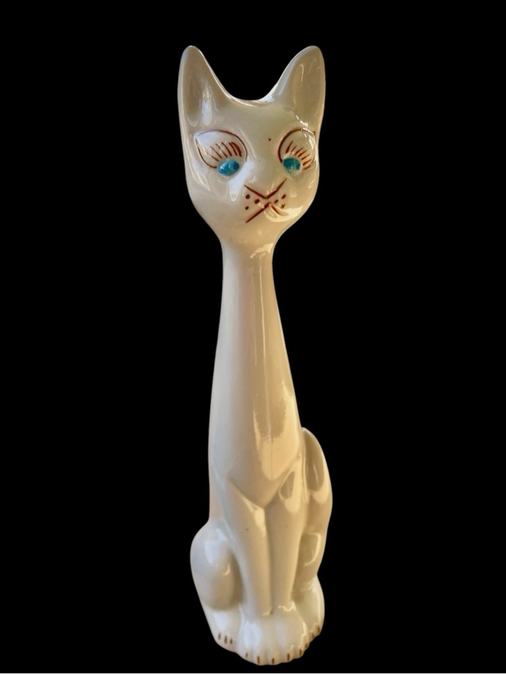 Vintage long neck cat, ceramic, blue eyes, really cute expressive face